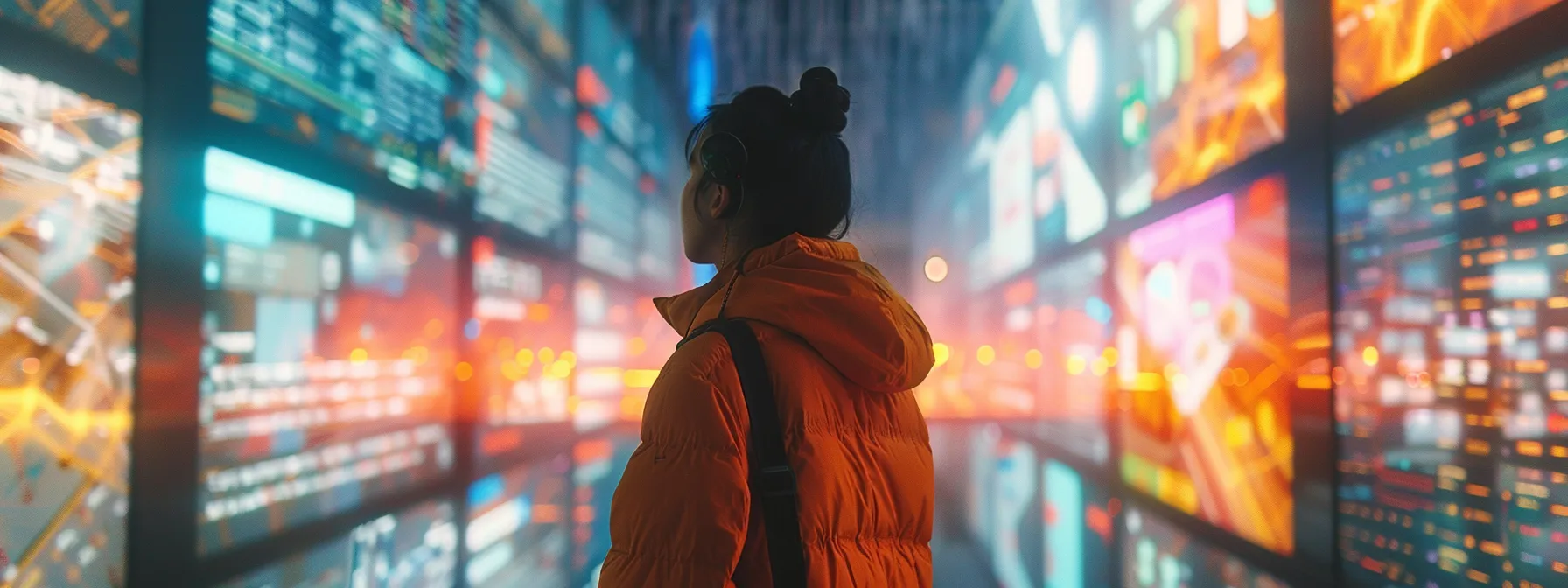 a person surrounded by digital screens displaying conversational queries and natural language phrases, illustrating the optimization process for voice search.