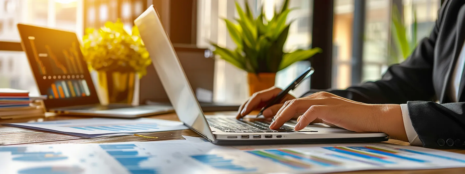 a professional real estate investor reviewing seo analytics on a sleek laptop, surrounded by modern office decor and charts showing high search engine rankings.