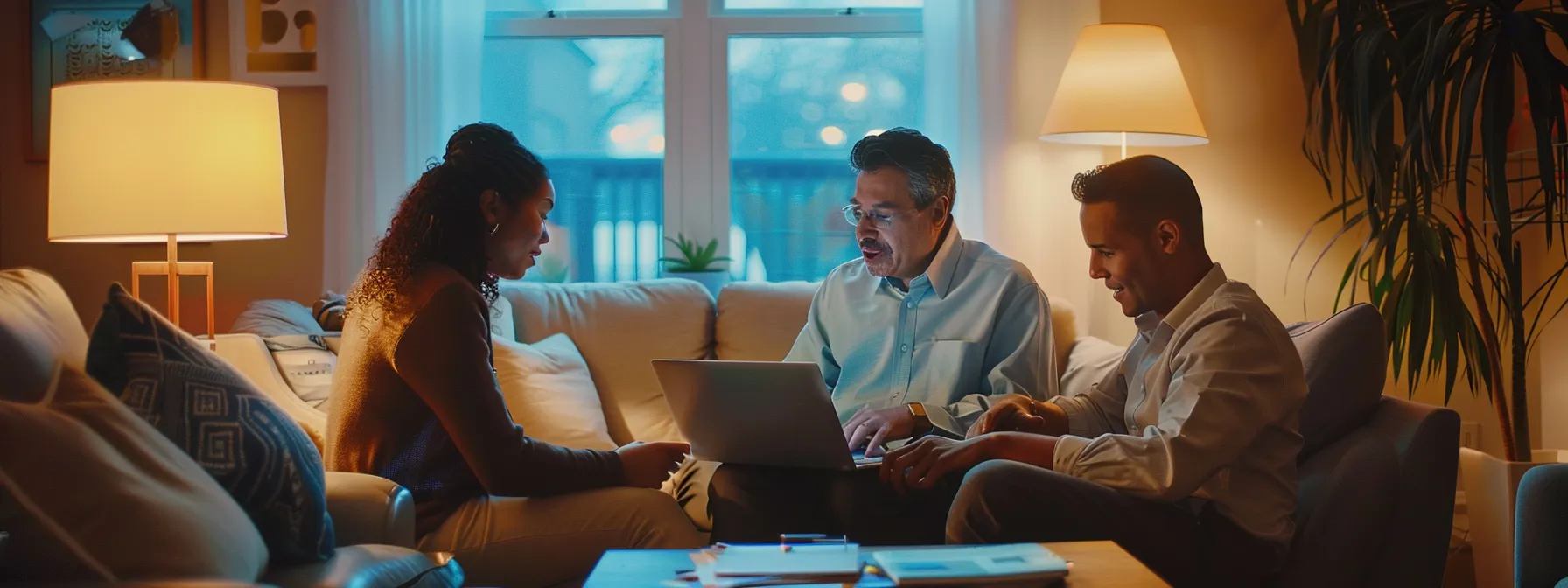 a real estate agent sitting with clients in a cozy living room, discussing personalized content strategies on a laptop while surrounded by glowing testimonials and positive reviews.