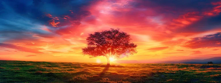 vibrant sunset sky illuminating a solitary tree on a serene countryside landscape.