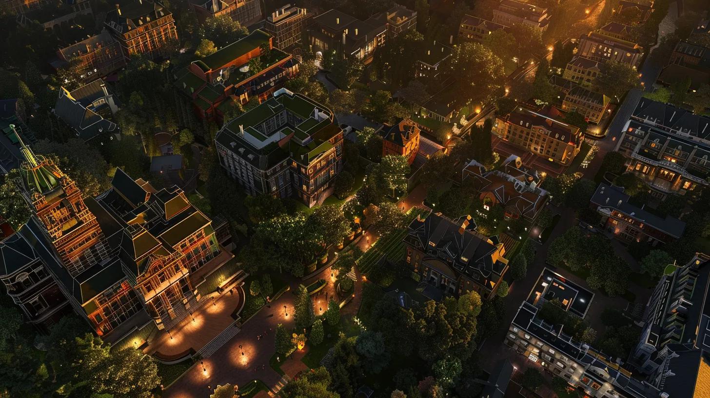 a bird's-eye view of a vibrant urban neighborhood, showcasing a variety of comparable properties with diverse architectural styles, lush greenery, and bustling streets, illuminated by the warm glow of the setting sun to highlight the dynamic essence of real estate market analysis.