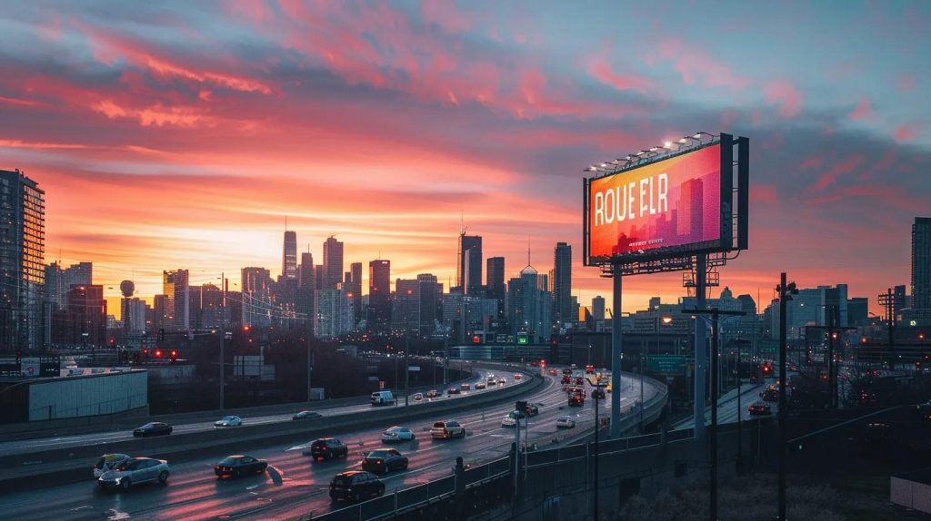 a bold and captivating real estate slogan painted on a vibrant billboard stands out against the backdrop of a bustling city skyline at sunset, radiating professionalism and creativity.