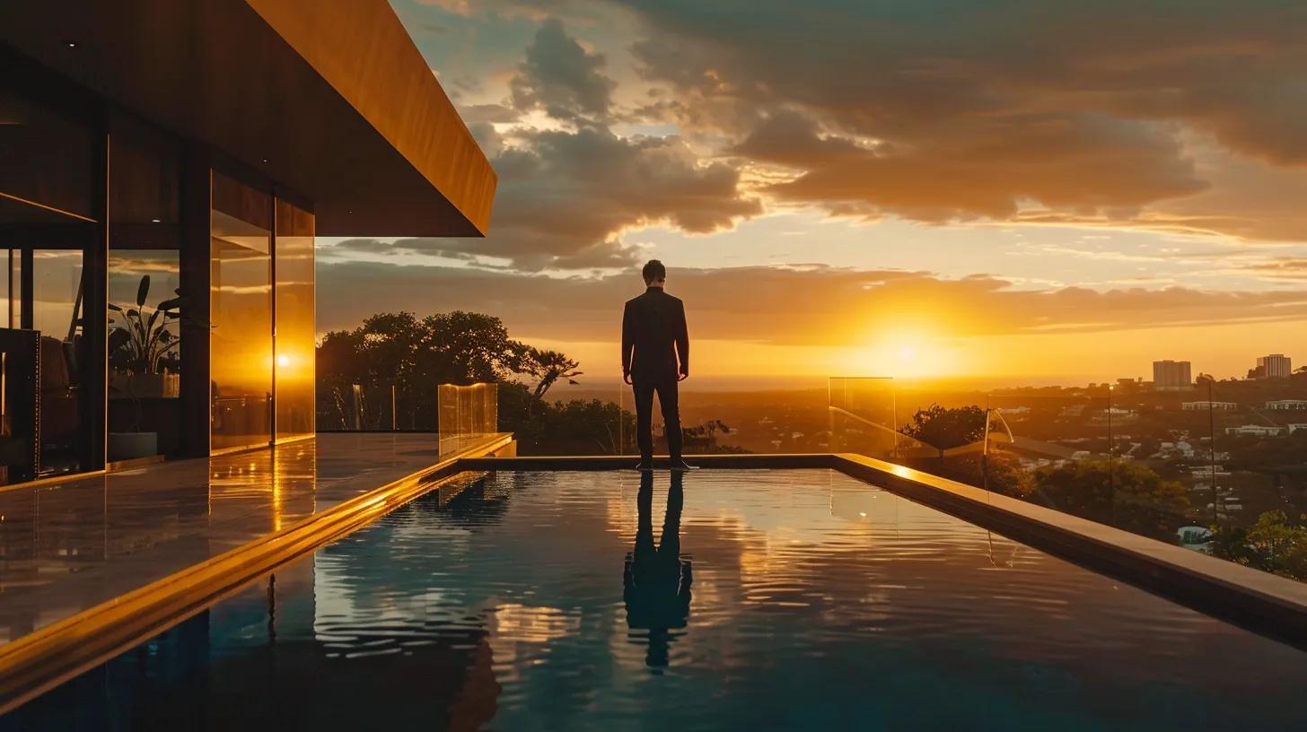 a bold real estate agent confidently presents a stunning, modern property against a backdrop of a vibrant sunset, showcasing the importance of a unique and evolving brand identity in a competitive market.