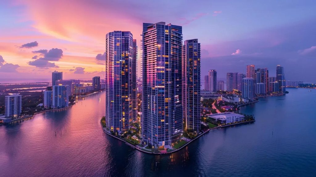 a breathtaking skyline at sunset, showcasing luxurious apartment buildings with vibrant colors reflecting off their glass facades, symbolizing the lucrative potential of long-term investment in real estate.