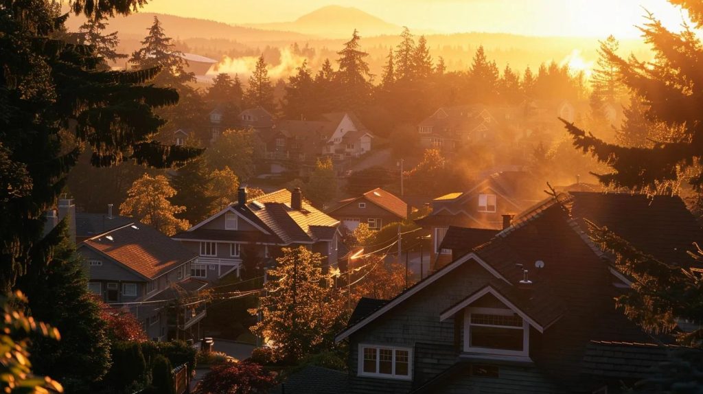 a breathtaking sunset casts golden light over a picturesque neighborhood, with elegant homes framed by vibrant trees, symbolizing the power of storytelling in real estate branding.