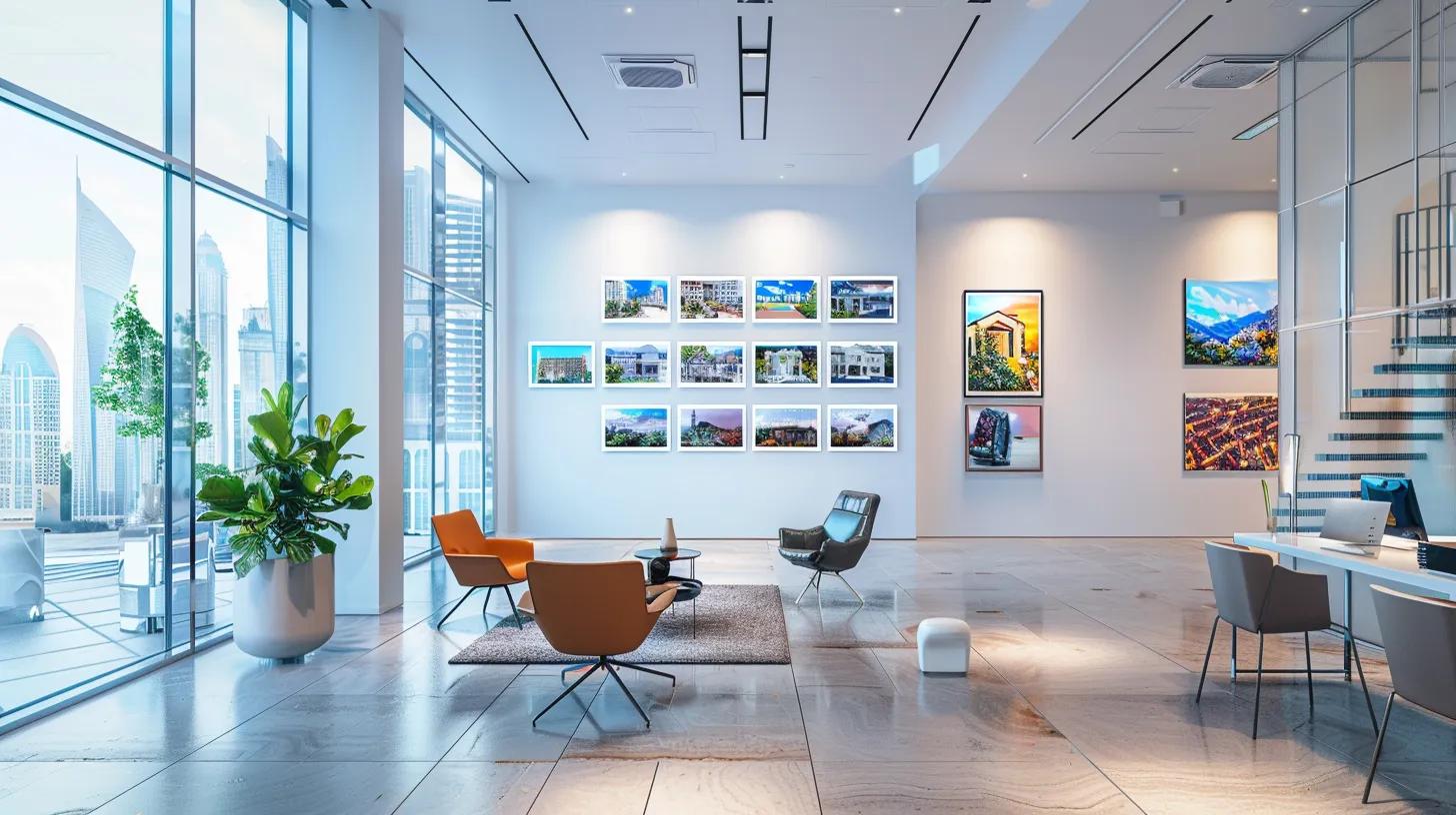 a bright, modern office environment showcases a sleek, inspirational vision board filled with dynamic real estate slogans, surrounded by vibrant imagery of homes, conveying the essence of successful branding and client connection.