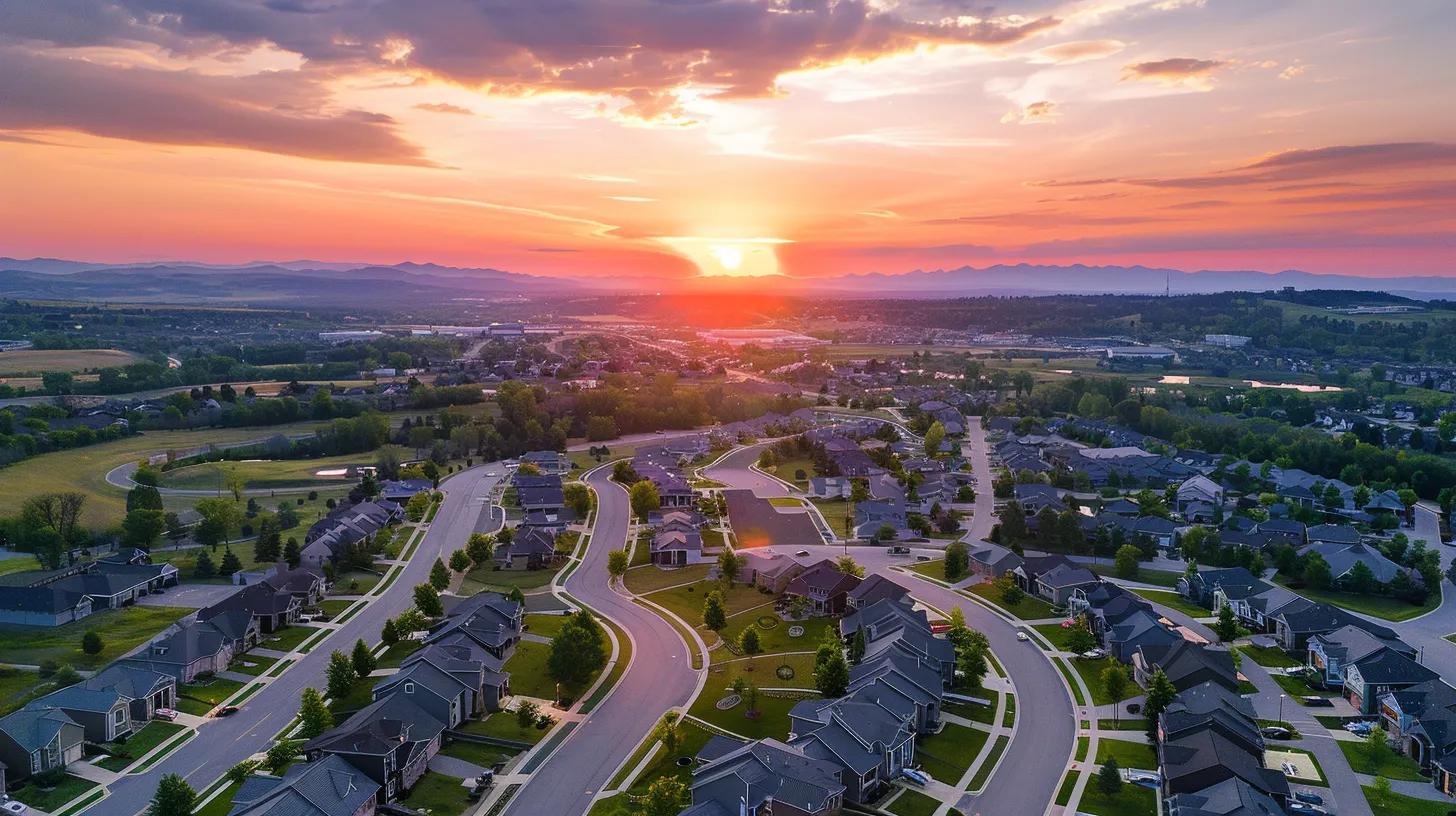 a captivating aerial view of a dynamic urban landscape, showcasing diverse real estate properties interwoven with lush green spaces, under a vivid sunset sky, symbolizing the convergence of data analysis and market insight in real estate investment.