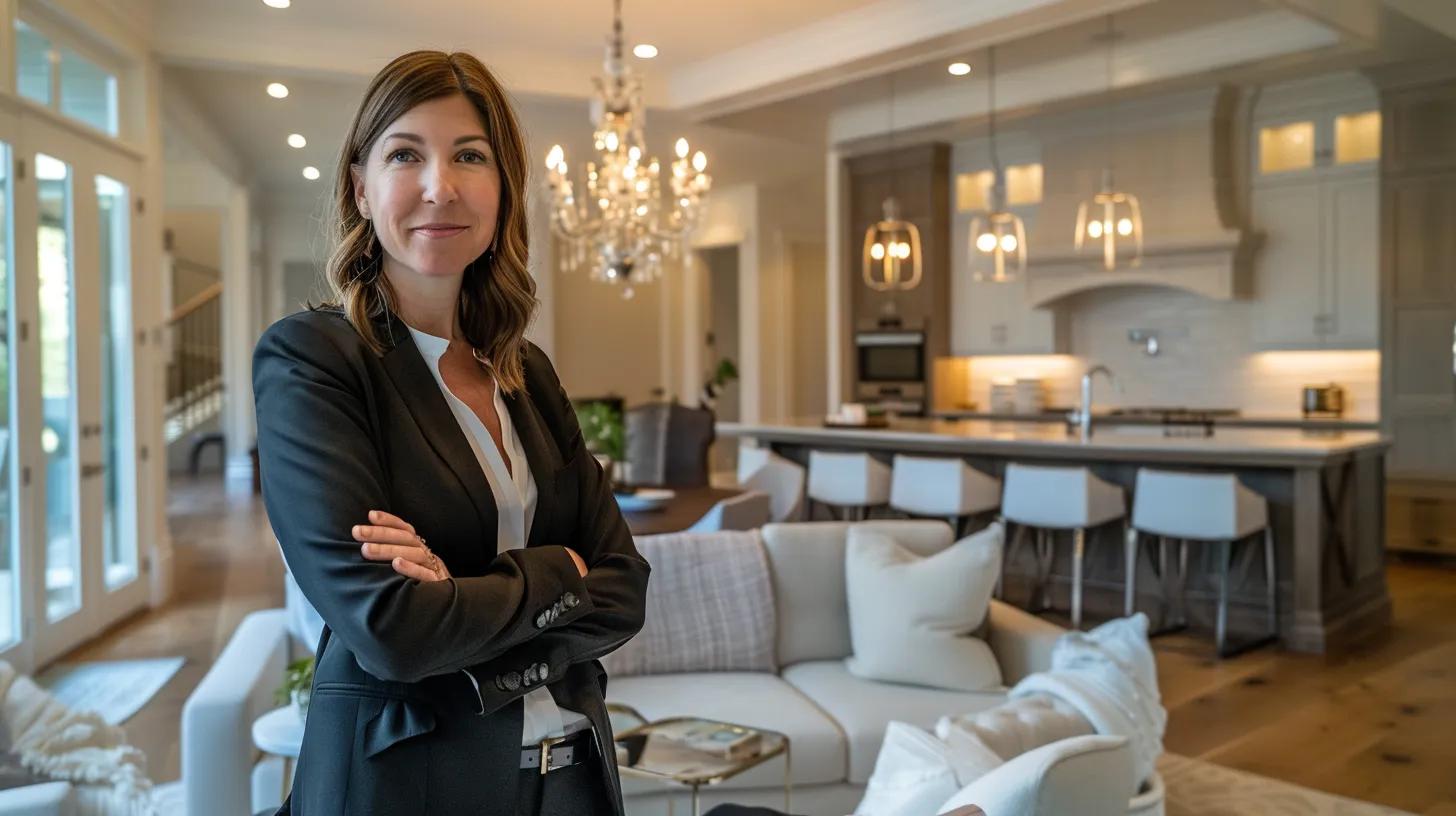 a captivating real estate agent stands confidently in a beautifully staged home, surrounded by warm, inviting lighting and elegant decor, embodying the power of storytelling to create emotional connections with prospective clients.