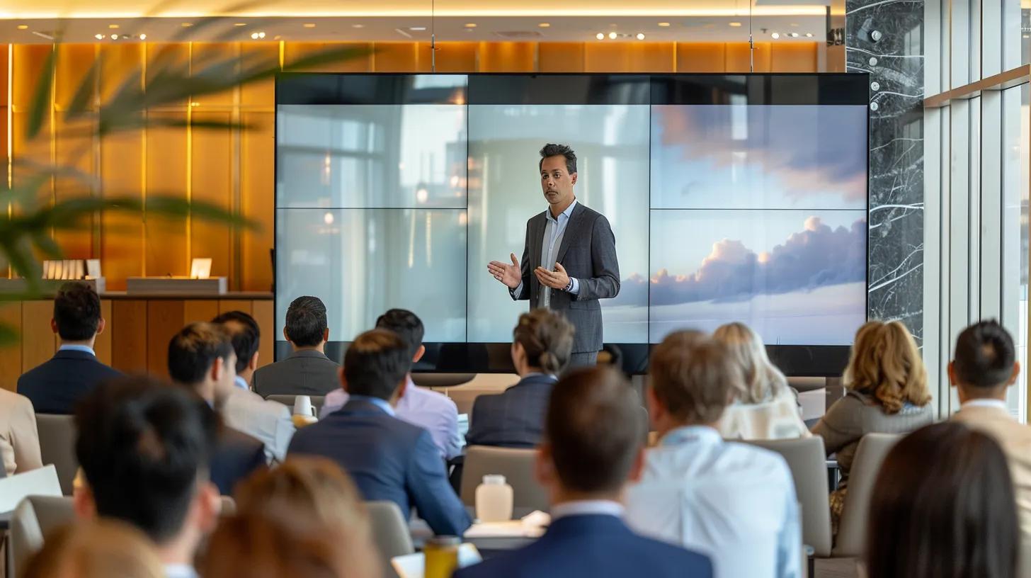 a captivating scene of a modern real estate professional confidently presenting valuable insights on a large digital screen, surrounded by a diverse audience engaged in networking and collaboration, illuminated by bright, focused lighting to emphasize the atmosphere of knowledge and expertise.