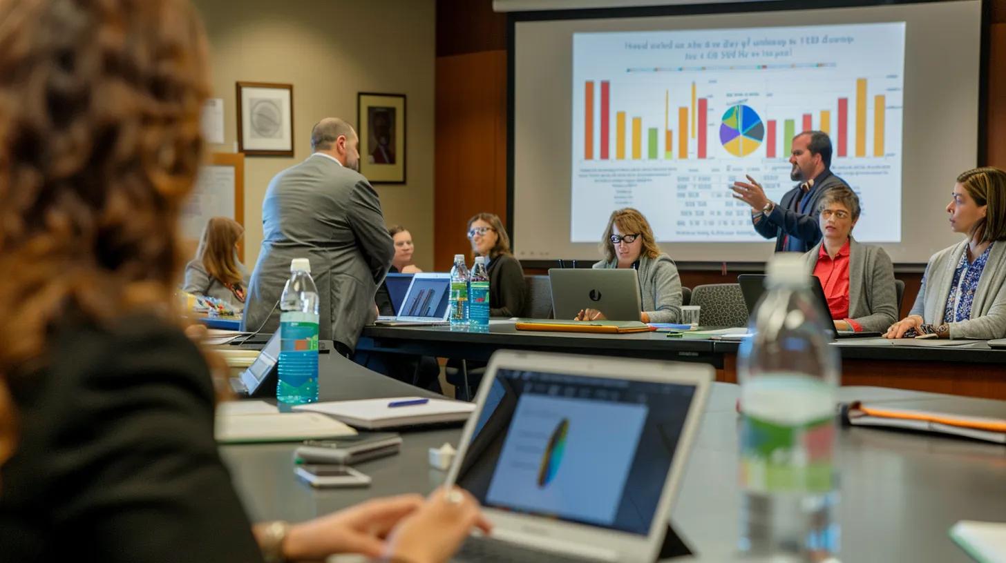 a captivating scene of a diverse group of real estate professionals engaging in a dynamic workshop, surrounded by books, laptops, and charts, reflecting a vibrant environment of ongoing education and investment property analysis.