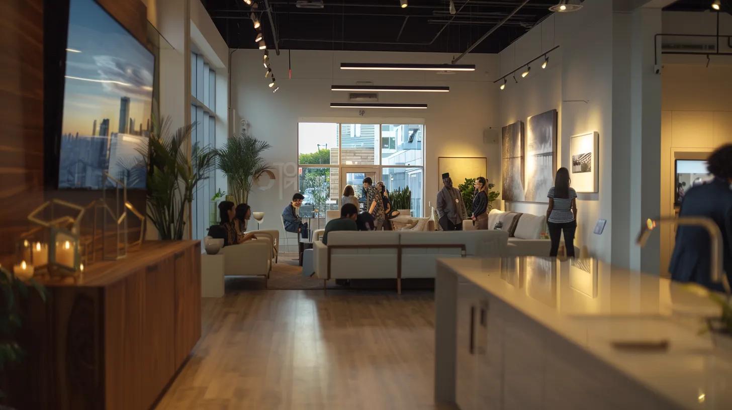 a captivating tableau showcasing a modern real estate agency's vibrant open house event, where diverse clients engage with immersive storytelling displays, illuminated by warm, inviting lighting that fosters connection and engagement.