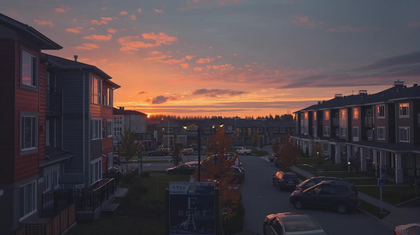 a captivating urban landscape at sunset, showcasing a vibrant neighborhood with beautifully designed homes, while a banner displaying a powerful real estate slogan gracefully floats above, symbolizing community connection and service excellence.