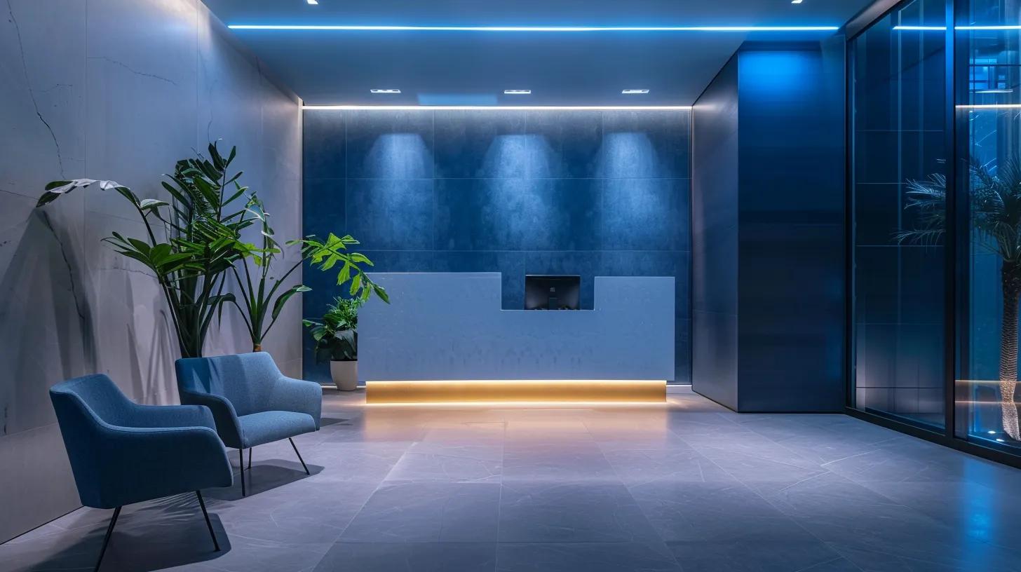 a captivating visual of a modern real estate office bathed in soft, tranquil navy blue lighting, showcasing a sleek, minimalist design that evokes a sense of calm and professionalism.