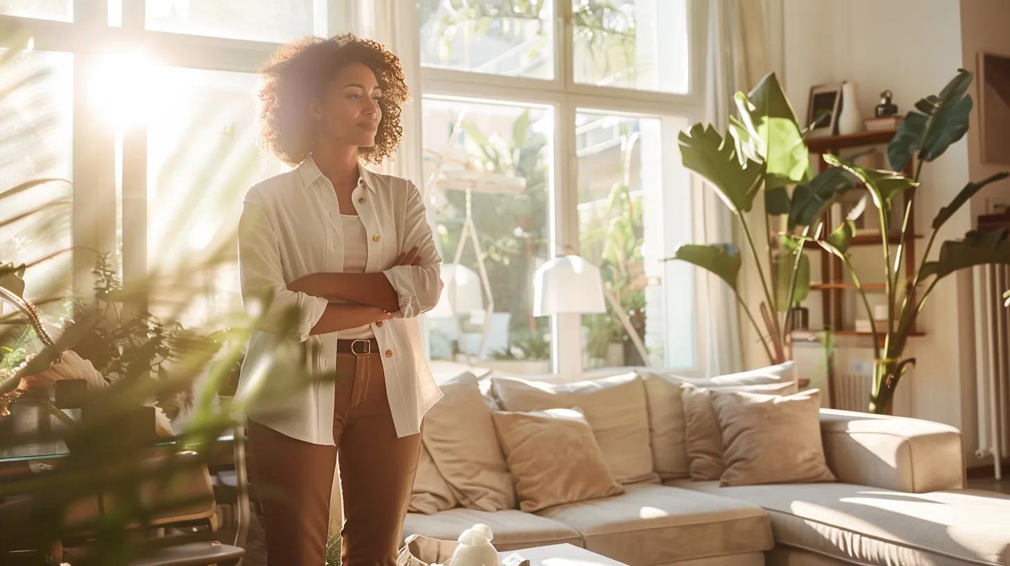 a confident real estate agent stands in a modern, elegantly furnished living room, illuminated by warm sunlight streaming through large windows, exuding professionalism and approachability as they engage with potential clients amidst a backdrop of inviting decor.