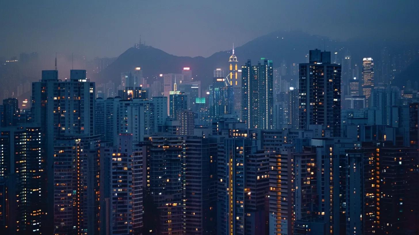 a dramatic city skyline at dusk, showcasing a blend of modern skyscrapers and older buildings, illuminated by warm golden lights, symbolizes the dynamic landscape of real estate investment and the intricate balance of risk and reward.