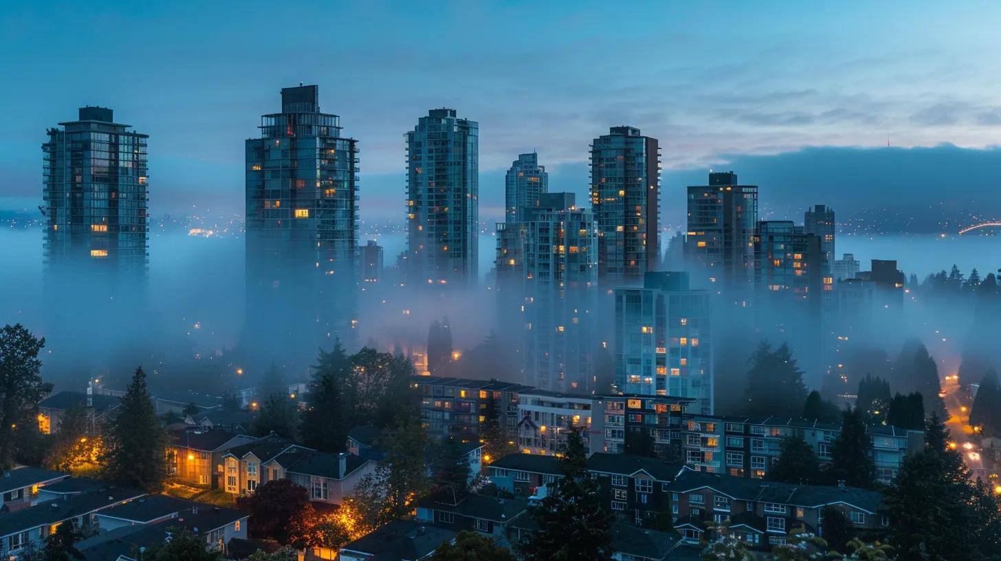 a dramatic skyline view with a looming, mist-covered cityscape under a dusk sky highlights the intricate balance of property valuation, symbolizing the critical decisions investors face between overvaluation and undervaluation.