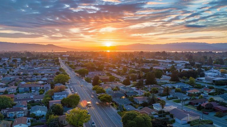 a dynamic aerial view of a bustling cityscape, showcasing diverse investment properties under a bright sunrise, symbolizing the potential and promise of real estate investment.