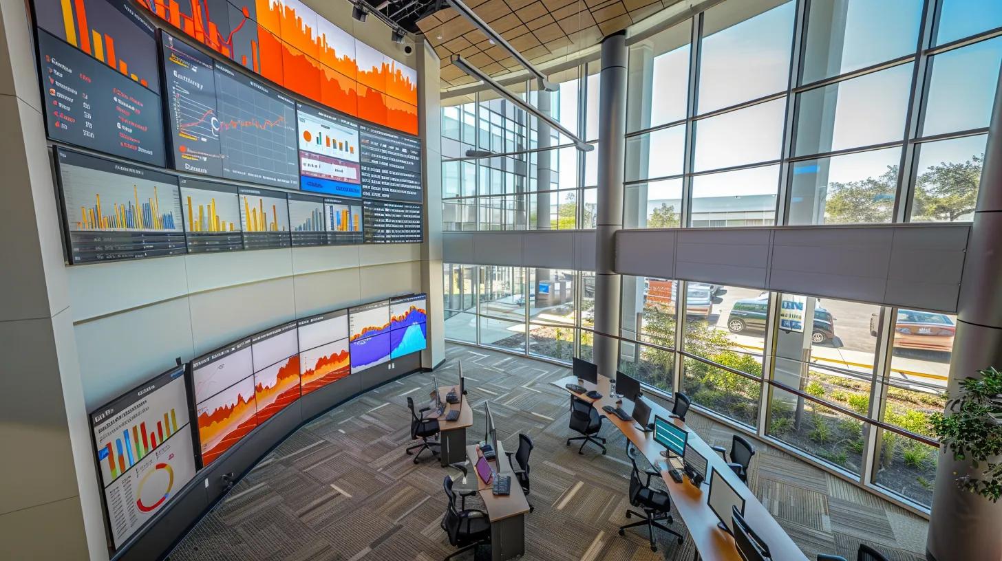 a dynamic, high-angle view of a modern real estate office, featuring vibrant charts and graphs displayed on sleek screens, reflecting cash flow projections and investment metrics, illuminated by bright natural light streaming through large windows to symbolize financial growth and insight.