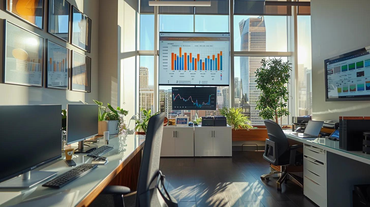 a dynamic, modern real estate office bathed in natural light, showcasing a sleek workspace adorned with vibrant visuals of digital graphs and seo strategies, symbolizing innovation in online marketing.