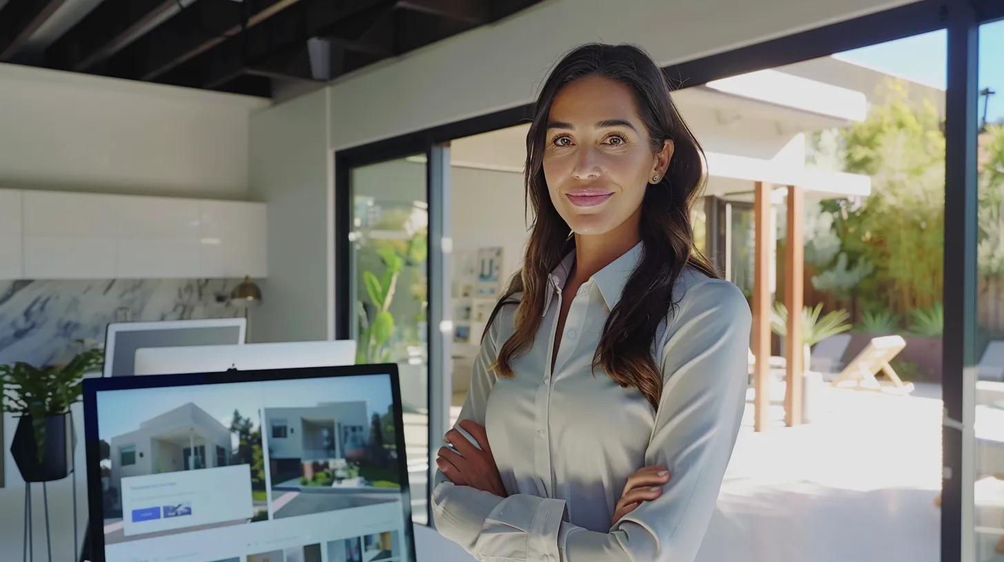 a dynamic real estate agent confidently presenting a beautifully staged property, with an engaging website and vibrant social media posts reflected on a digital screen in a sunlit, modern office setting.