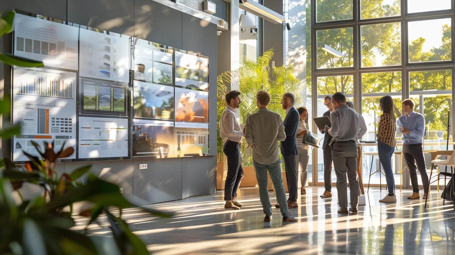 a dynamic real estate marketing scene captures a diverse group of professionals engaged in a vibrant discussion at a modern office, surrounded by visually appealing infographics and property displays, illuminated by natural light streaming through large windows.