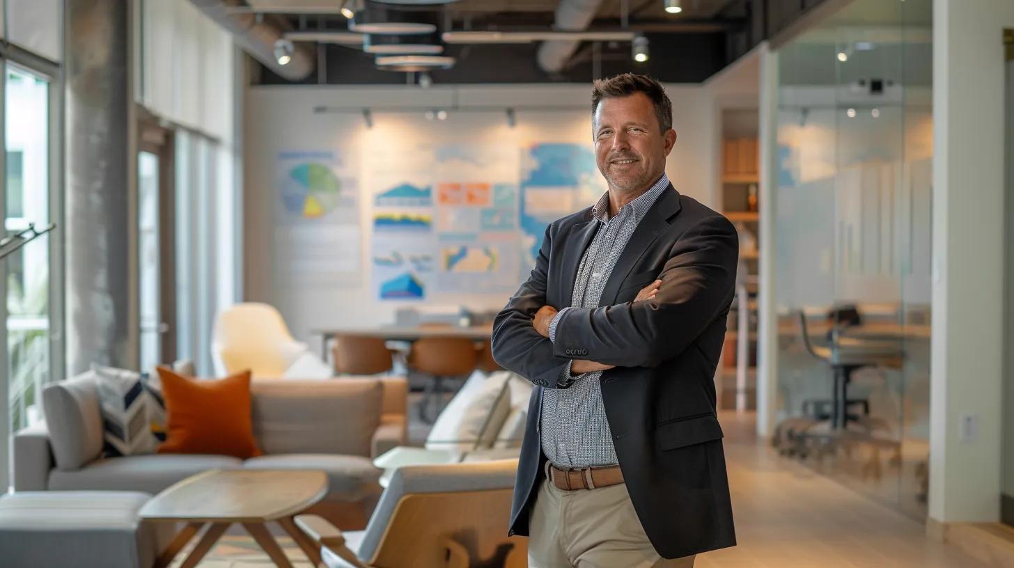 a dynamic real estate professional stands confidently in a modern office surrounded by vibrant charts and graphs, symbolizing the powerful impact of storytelling on brand engagement.