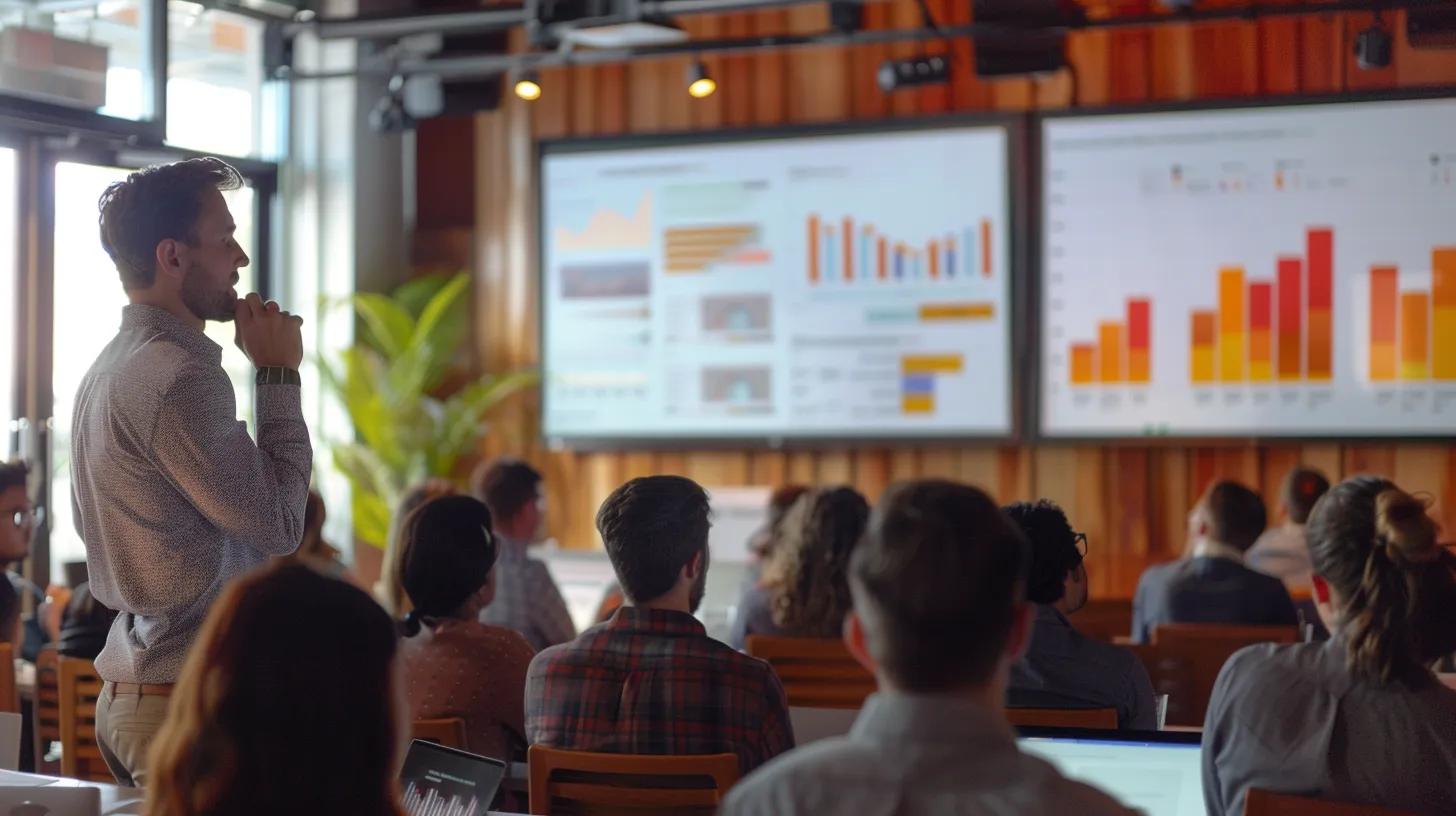 a dynamic real estate seminar in a bright conference room, featuring an engaged audience listening intently to a speaker, with vibrant presentations displayed on large screens highlighting market trends and insights.