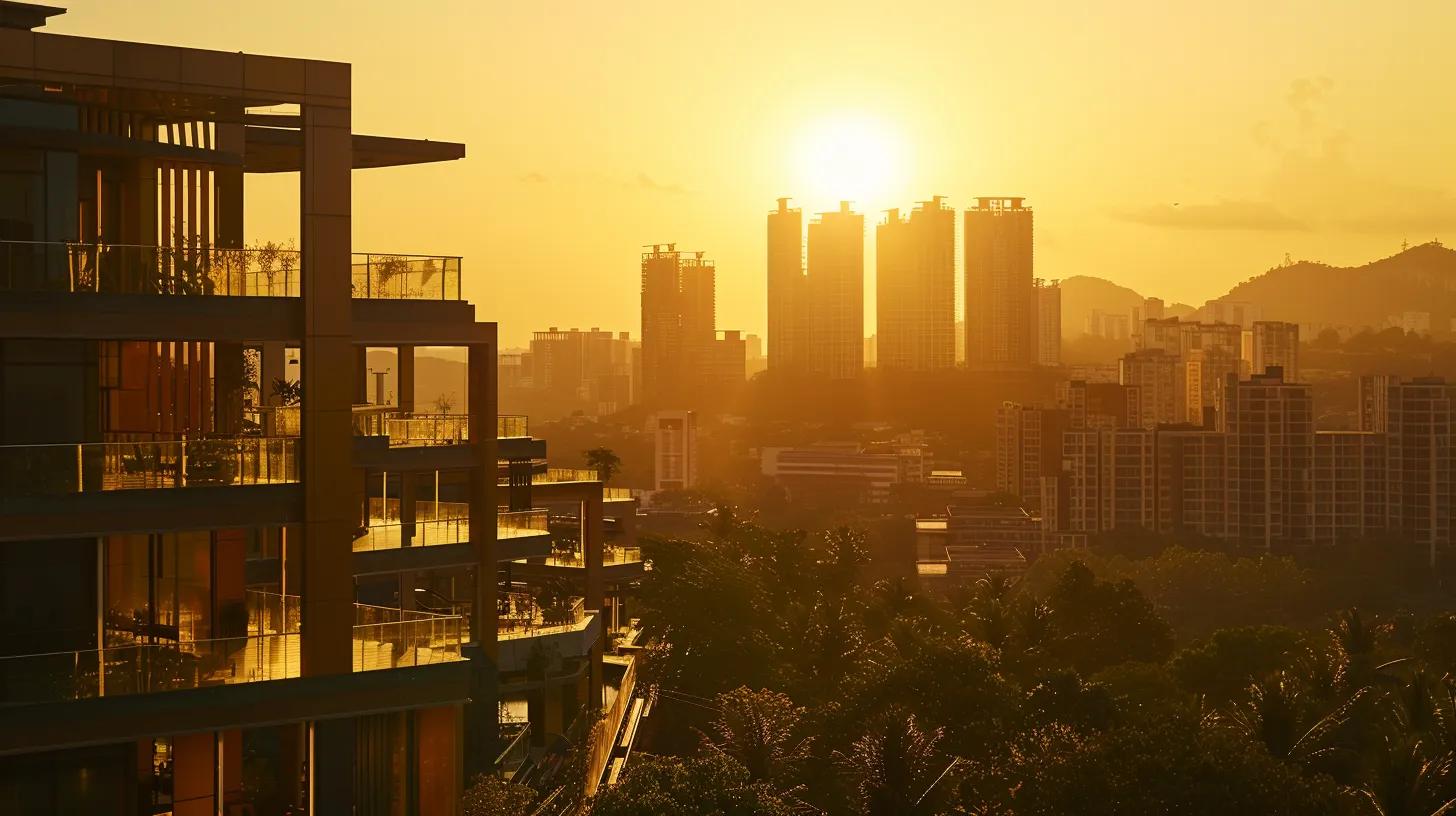 a dynamic skyline featuring modern, architecturally stunning real estate buildings bathed in golden sunset light, symbolizing the transformative impact of strong branding in the property sector.