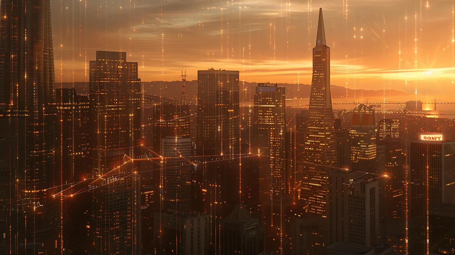 a dynamic skyline of a bustling city, illuminated by golden hour light, symbolizes the thriving real estate market, while interconnected lines representing backlinks weave through iconic buildings, illustrating the importance of seo in establishing online credibility and visibility.