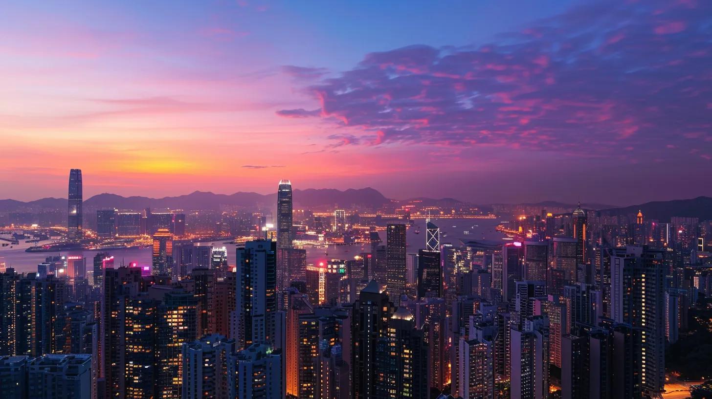 a dynamic skyline of a bustling city at sunset, with a prominent real estate office in the foreground, symbolizing the importance of market analysis for successful property investments.