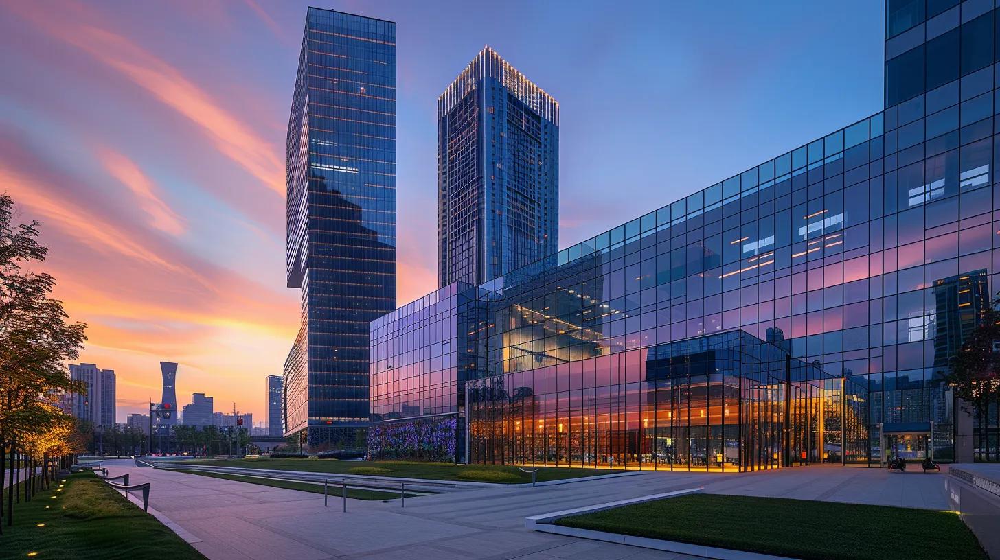 a dynamic urban skyline at sunset, showcasing sleek modern buildings with reflective glass surfaces, symbolizing the potential for lucrative real estate investment returns through financial growth and strategic planning.