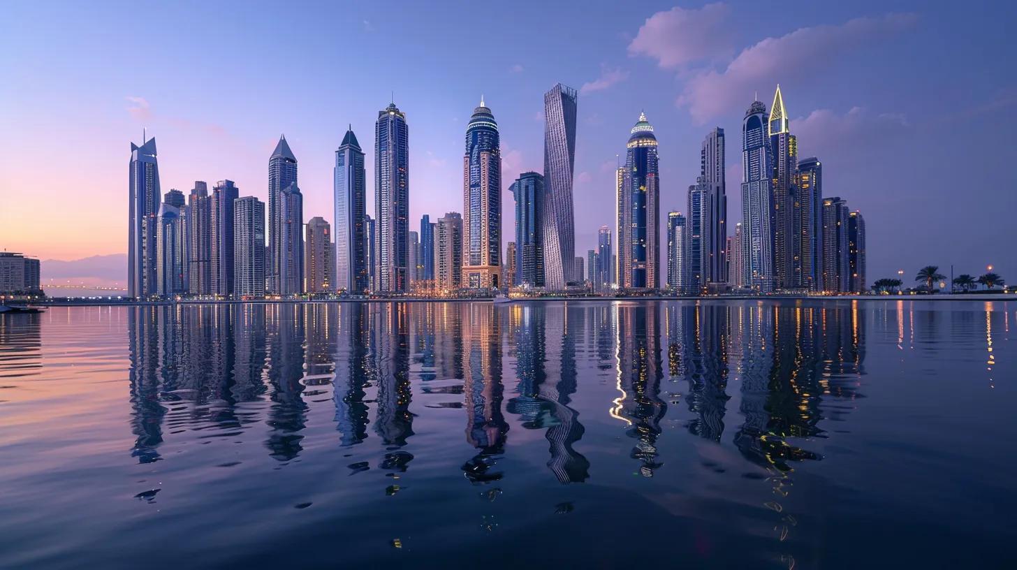 a dynamic urban skyline at dusk, showcasing a modern high-rise building with vibrant lights and reflections on glass surfaces, symbolizing the potential profitability and strategic decision-making of savvy investors in the real estate market.