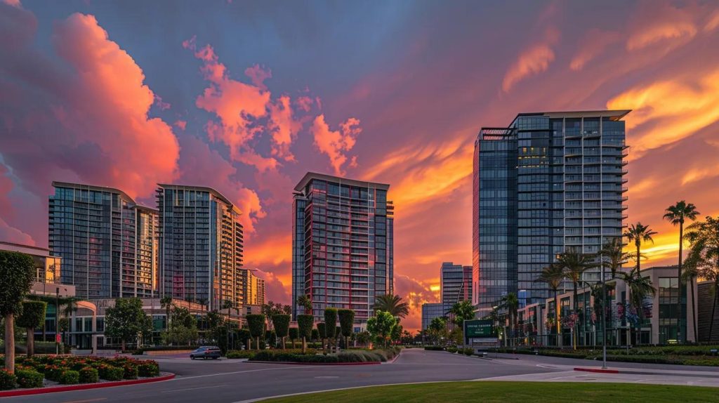 a dynamic urban skyline at sunset, symbolizing financial growth and success with vibrant colors reflecting off modern buildings, capturing the essence of maximizing rental yield.