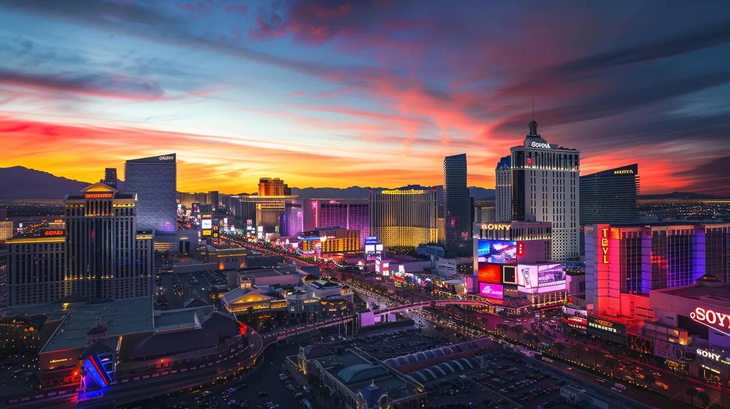 a dynamic urban skyline at dusk, illuminated by vibrant digital billboards showcasing a modern real estate website, symbolizing the fusion of technology and brand identity in a competitive market.