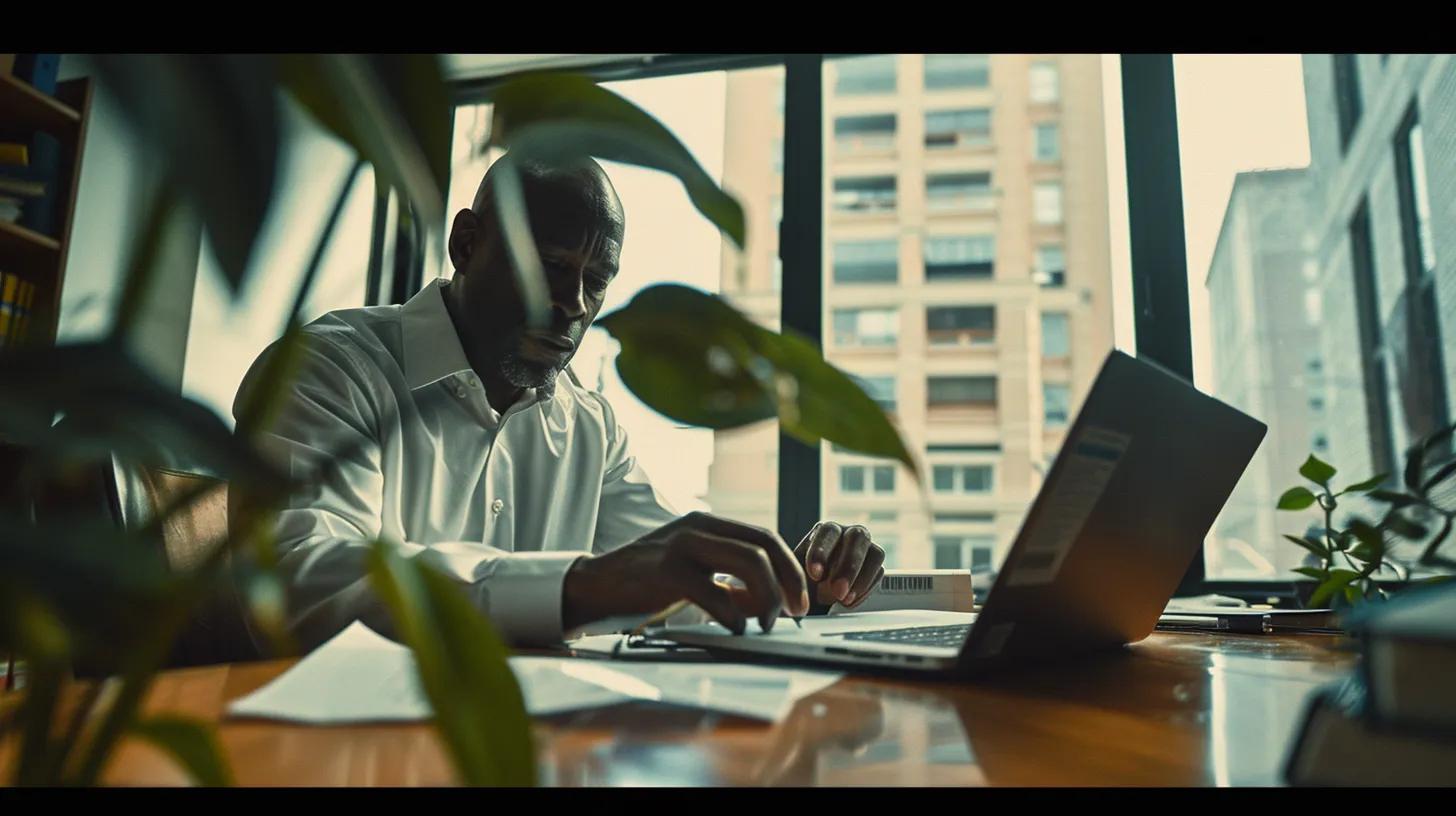 a focused landlord reviewing a tenant application in a well-lit, modern office, surrounded by essential documents and a laptop, embodies the theme of diligent tenant screening.