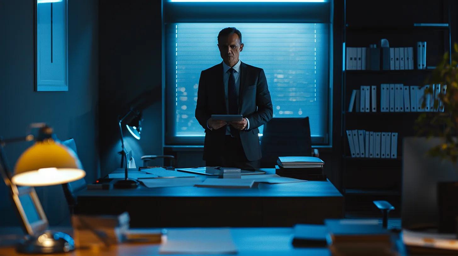 a focused landlord stands confidently in a modern office, surrounded by documents and a digital tablet, illuminated by soft natural light, symbolizing proactive engagement with legal regulations in property management.