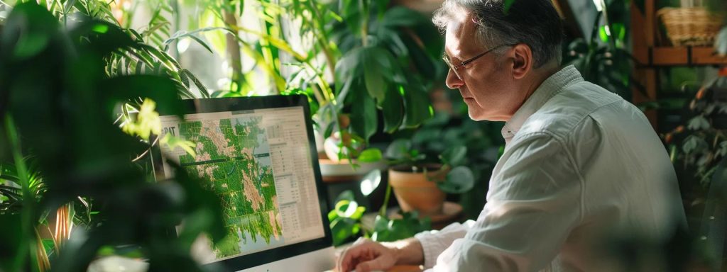 a focused man analyzing a vibrant digital topical map on his computer screen, surrounded by lush greenery in a bright, sunlit office, symbolizing strategic seo planning.