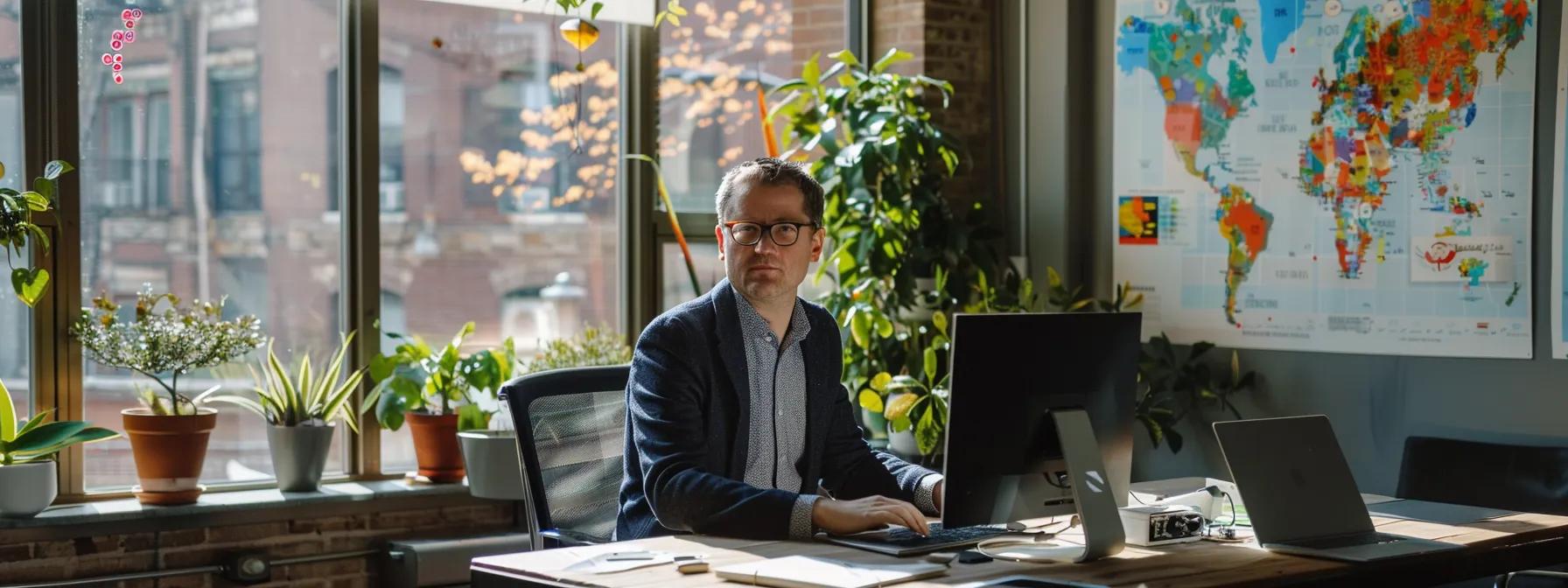 a focused, professional man sits at a sleek desk surrounded by a visually vibrant topical map, collaborating with digital tools to enhance his seo strategy under soft, natural light streaming in through a large window.