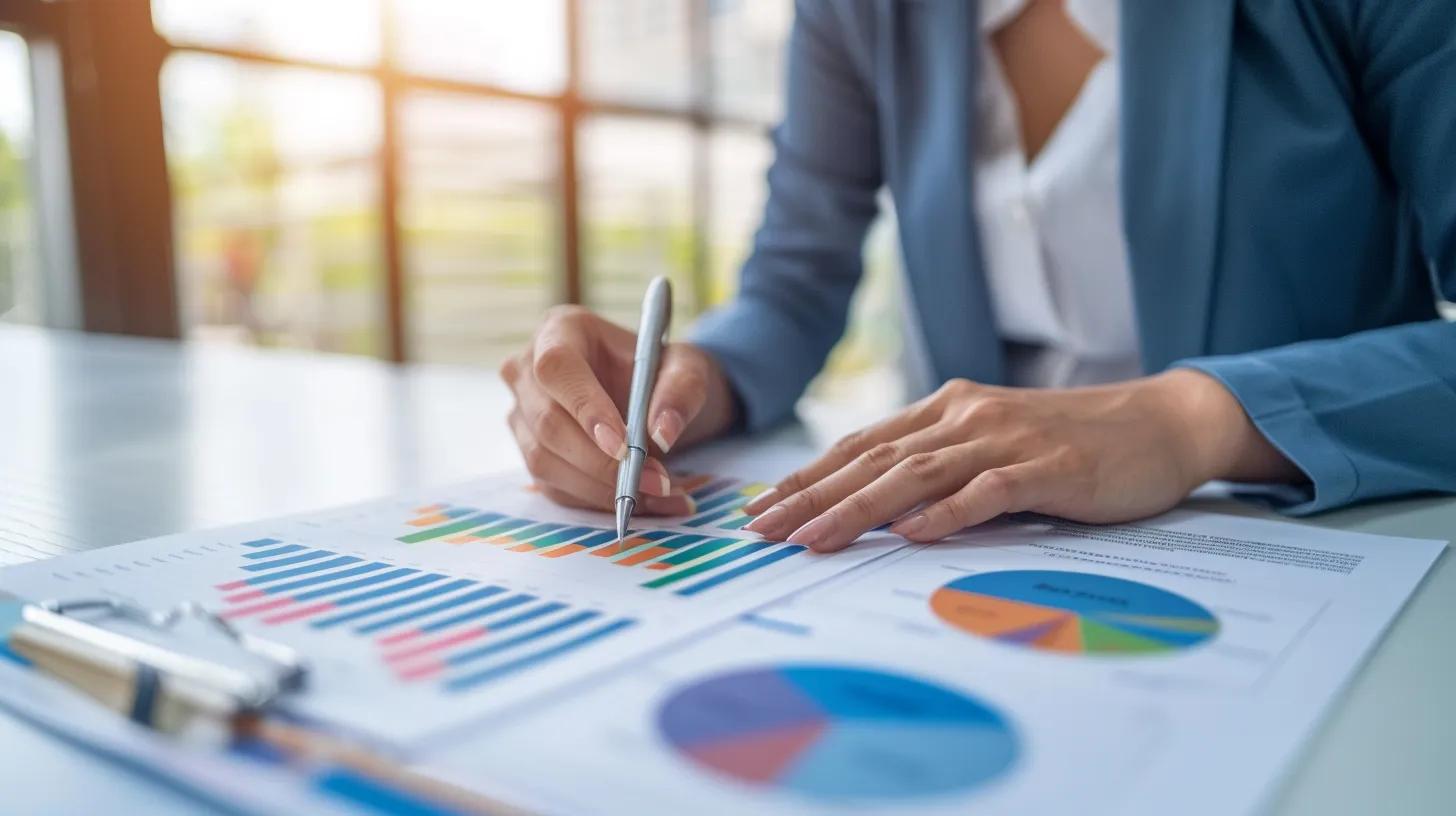 a focused real estate agent analyzes vibrant charts and graphs in a modern office, bathed in natural light, highlighting the strategic approach to identifying and engaging a targeted audience for property leads.