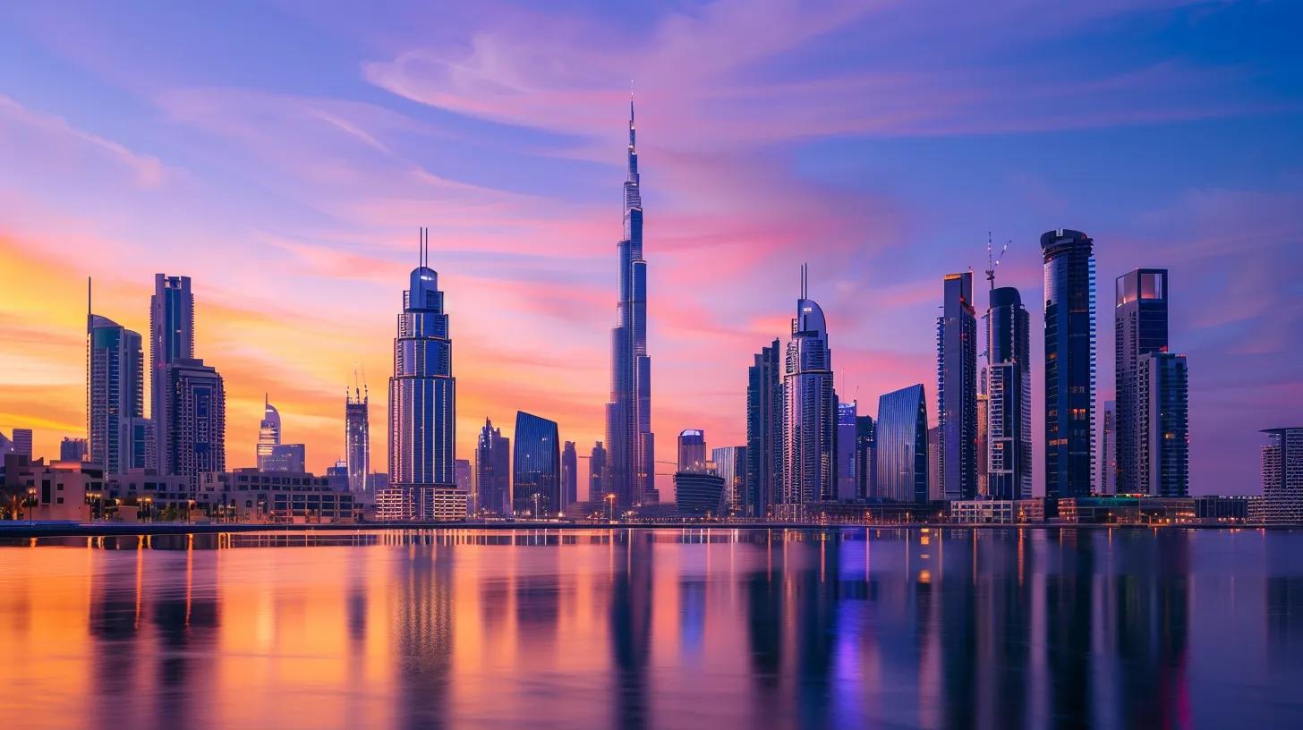 a futuristic skyline emerges at sunset, symbolizing the evolution of real estate with sleek buildings interwoven with digital elements representing advanced ai-driven backlink strategies.