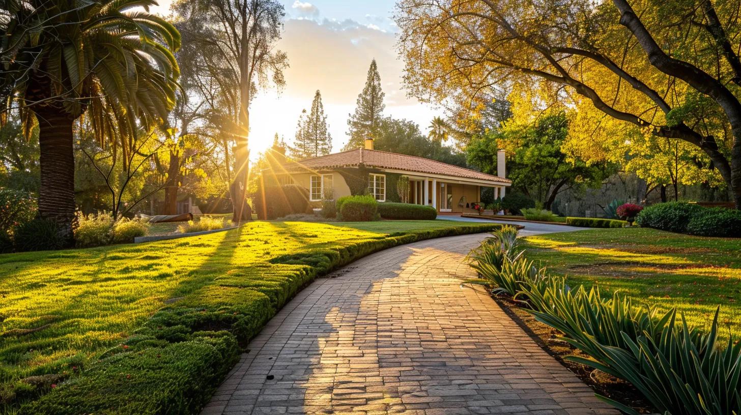 a luxurious, newly renovated property showcases elegant upgrades and vibrant landscaping, bathed in warm golden sunlight, symbolizing the potential for maximizing investment returns.