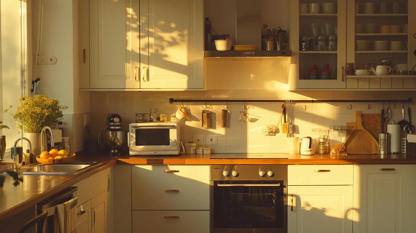 a modern, inviting apartment kitchen showcases sleek energy-efficient appliances and ample storage space, bathed in soft natural light, emphasizing comfort and functionality for potential renters.