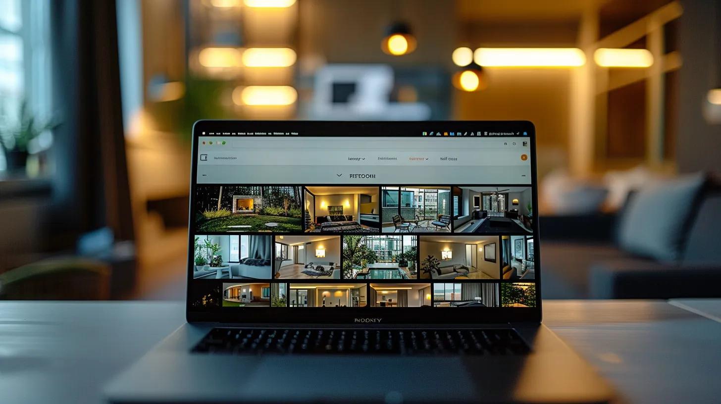 a modern, inviting real estate website interface glows on a sleek laptop screen, showcasing an array of stunning property images and an elegant branding logo, all illuminated by soft, ambient lighting in a stylish office setting.