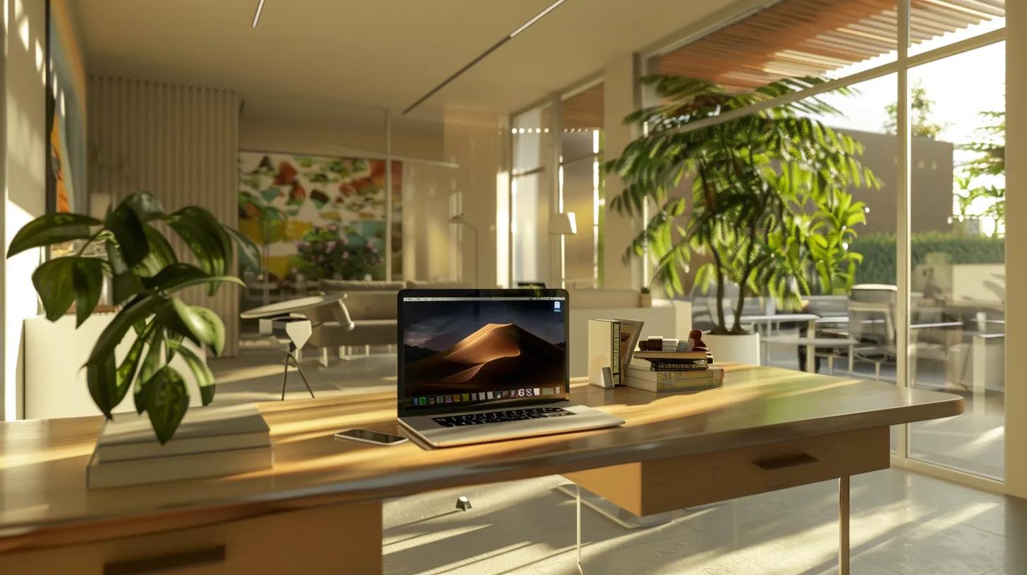 a modern, minimalist office space bathed in natural light showcases a sleek computer desk adorned with an open laptop displaying an eye-catching website layout, symbolizing effective on-page seo strategies for a real estate business.