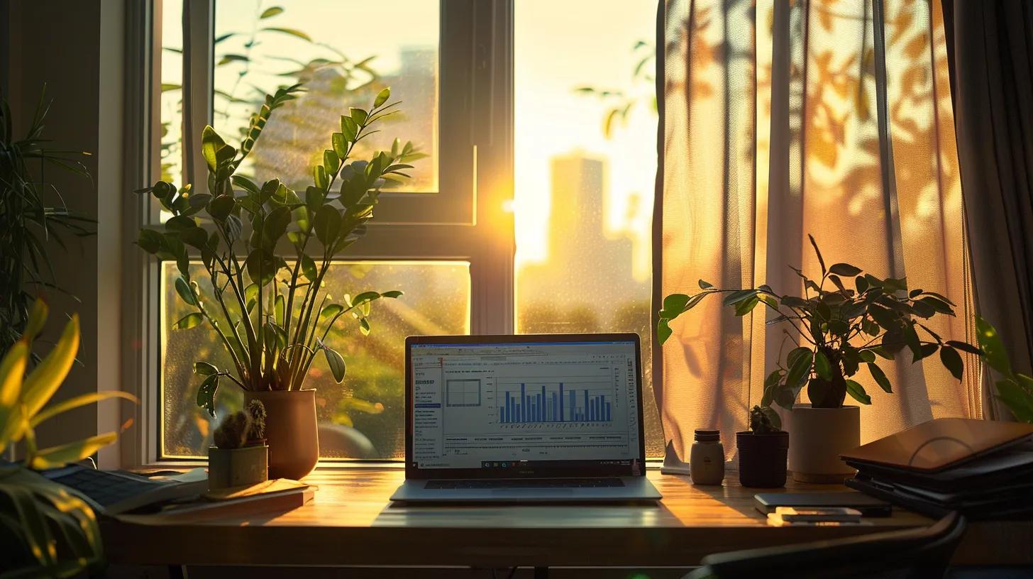 a modern, minimalist workspace with a vibrant laptop screen displaying analytics graphs and blogs, illuminated by natural light streaming through a large window, symbolizing the dynamic process of measuring and optimizing blogging strategies.