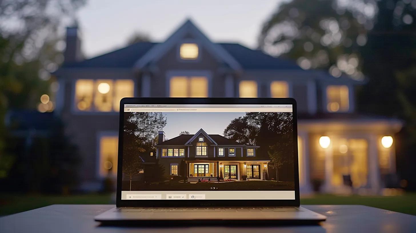 a modern real estate website displayed on a sleek laptop, showcasing a clean, transparent layout adorned with professional photography, glowing client testimonials, and prominently featured certifications under soft, inviting lighting.