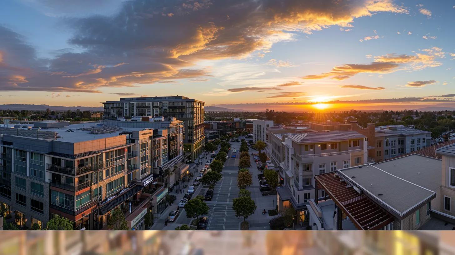 a panoramic view of a thriving urban real estate market, showcasing a diverse skyline with undervalued properties highlighted, bathed in golden sunset light to symbolize potential profit and opportunity.