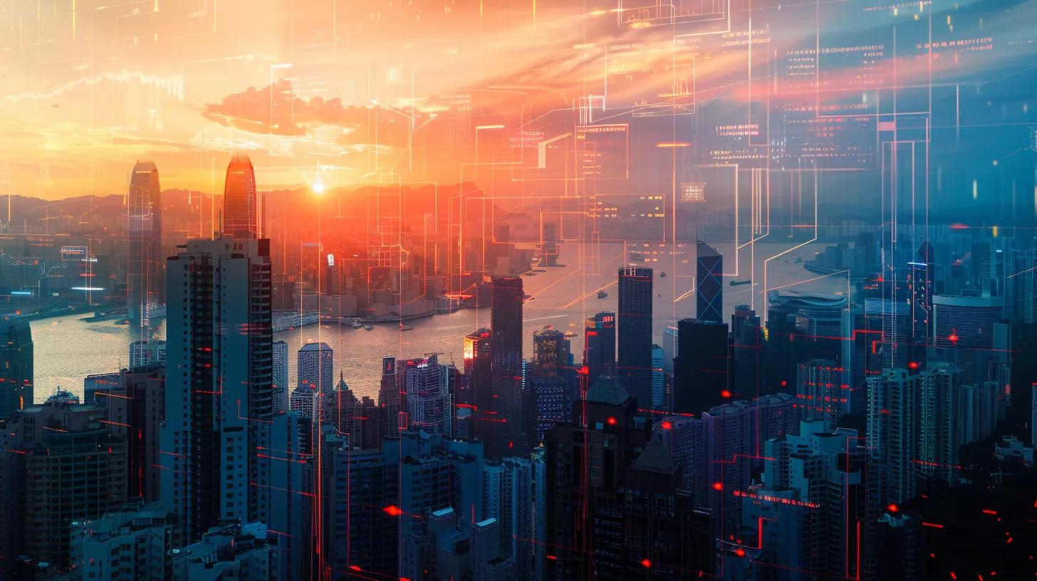 a panoramic view of a bustling urban skyline at sunset, showcasing a blend of modern skyscrapers and classic architecture, with digital overlays of market trends and economic indicators visually represented in vibrant colors.