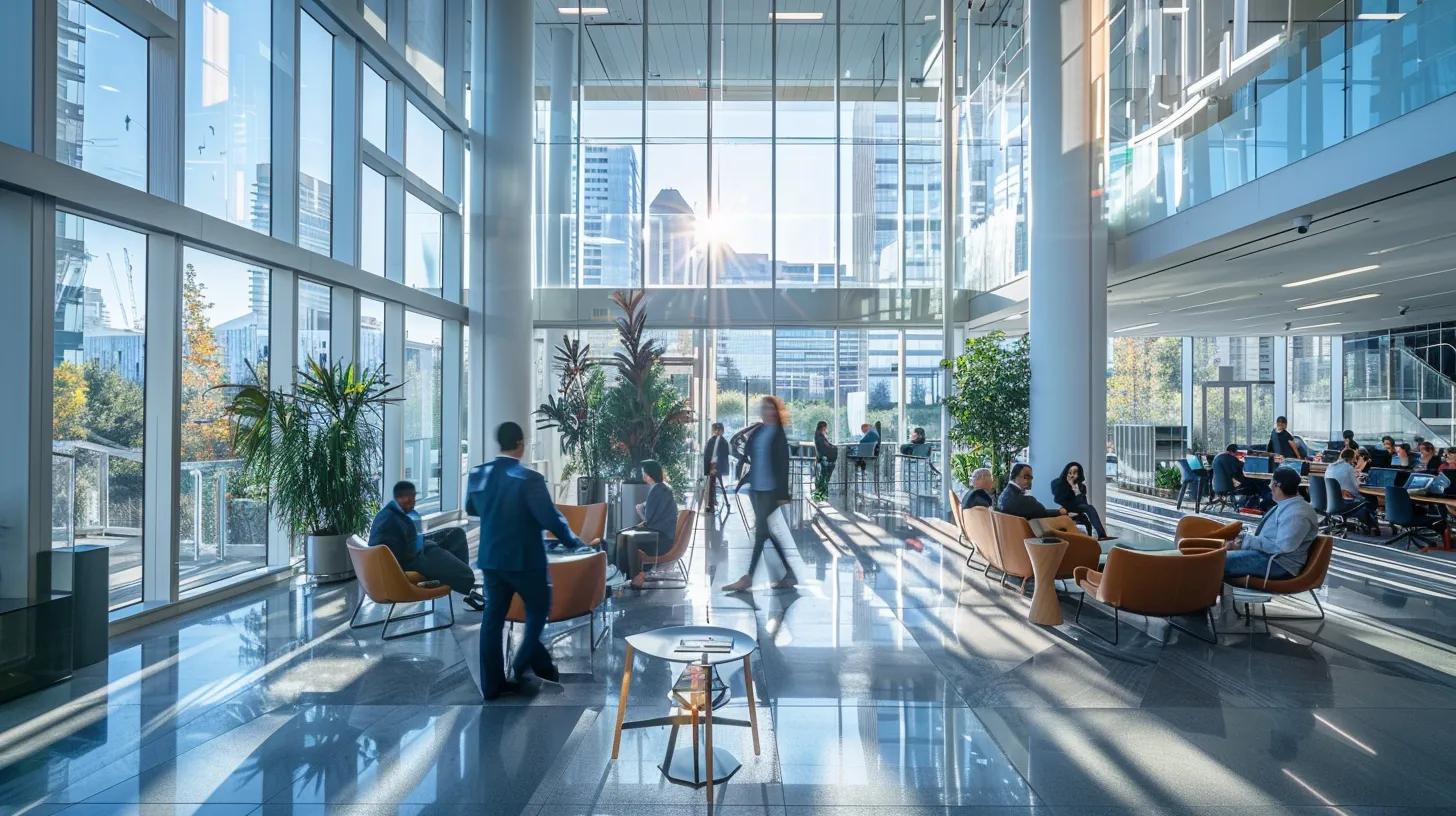 a panoramic view of a modern real estate office bustling with activity, featuring large glass windows that reflect vibrant city life, symbolizing the intersection of digital marketing and the real estate market.