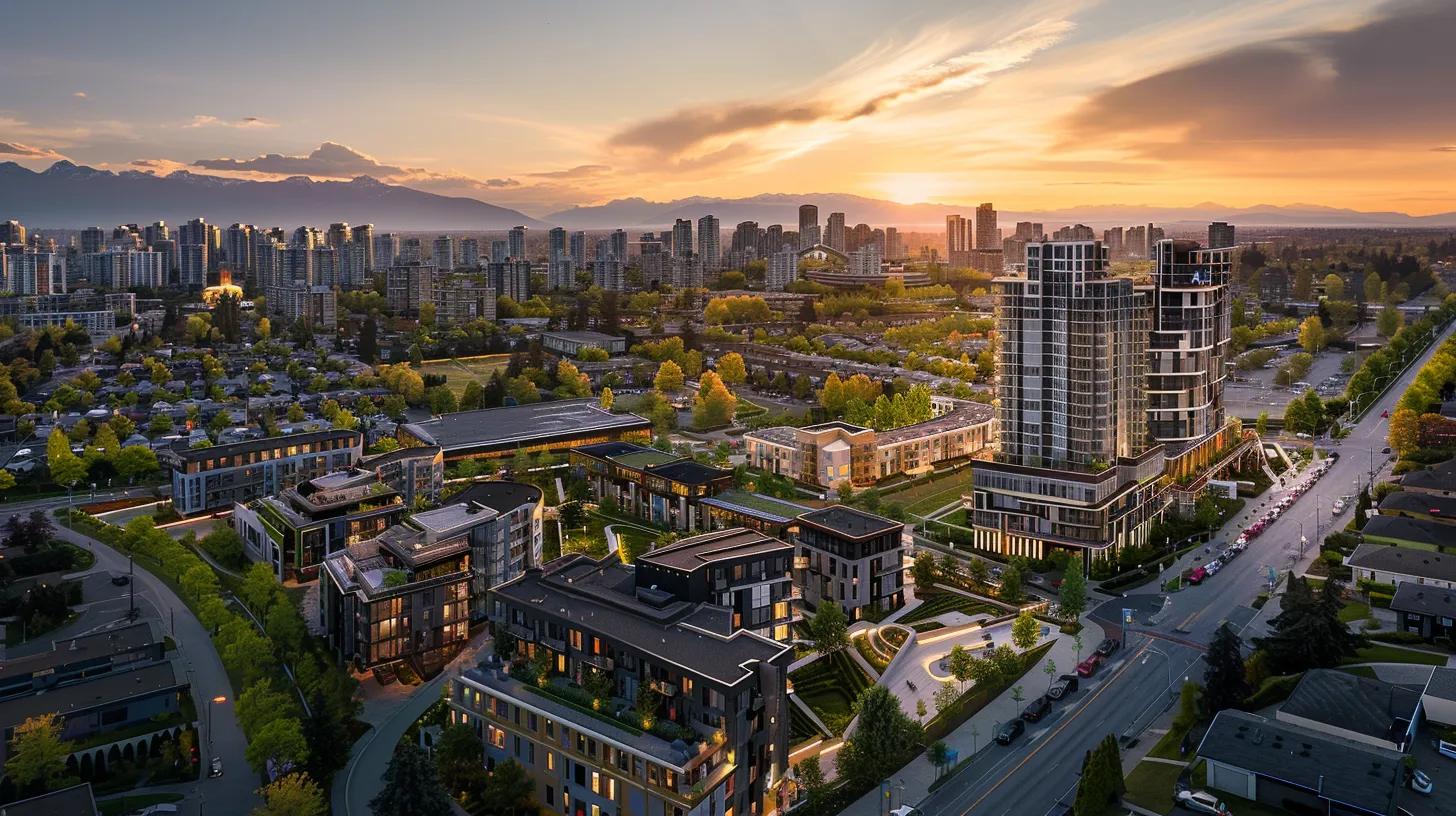 a panoramic view of a bustling urban landscape, showcasing diverse real estate developments and vibrant community life, illuminated by the warm glow of sunset, emphasizing the importance of location in investment success.